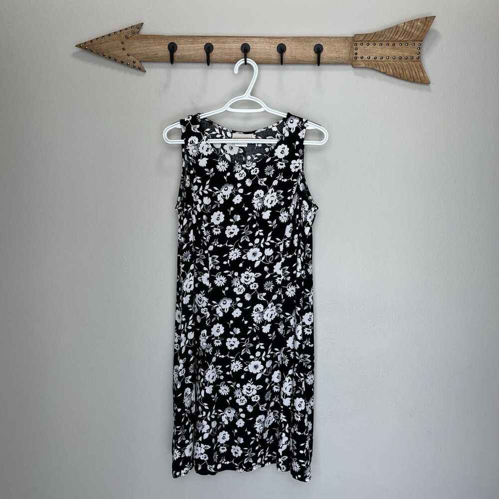 Expressions | Vintage Y2K Black & White Sleeveless Floral Midi Dress Size 8